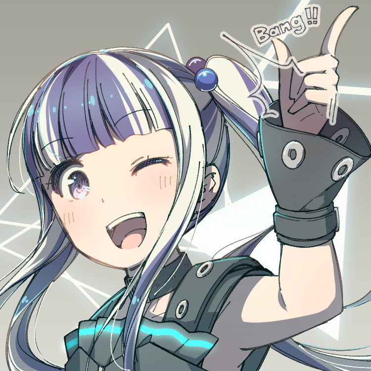 /\/\/\ 1girl ;d armpits ayasaka bang_dream! bangs black_collar black_hair blunt_bangs collar commentary finger_gun grey_background hair_bobbles hair_ornament long_hair looking_at_viewer multicolored_hair one_eye_closed open_mouth pareo_(bang_dream!) purple_eyes sidelocks smile solo twintails two-tone_hair upper_body white_hair wrist_cuffs