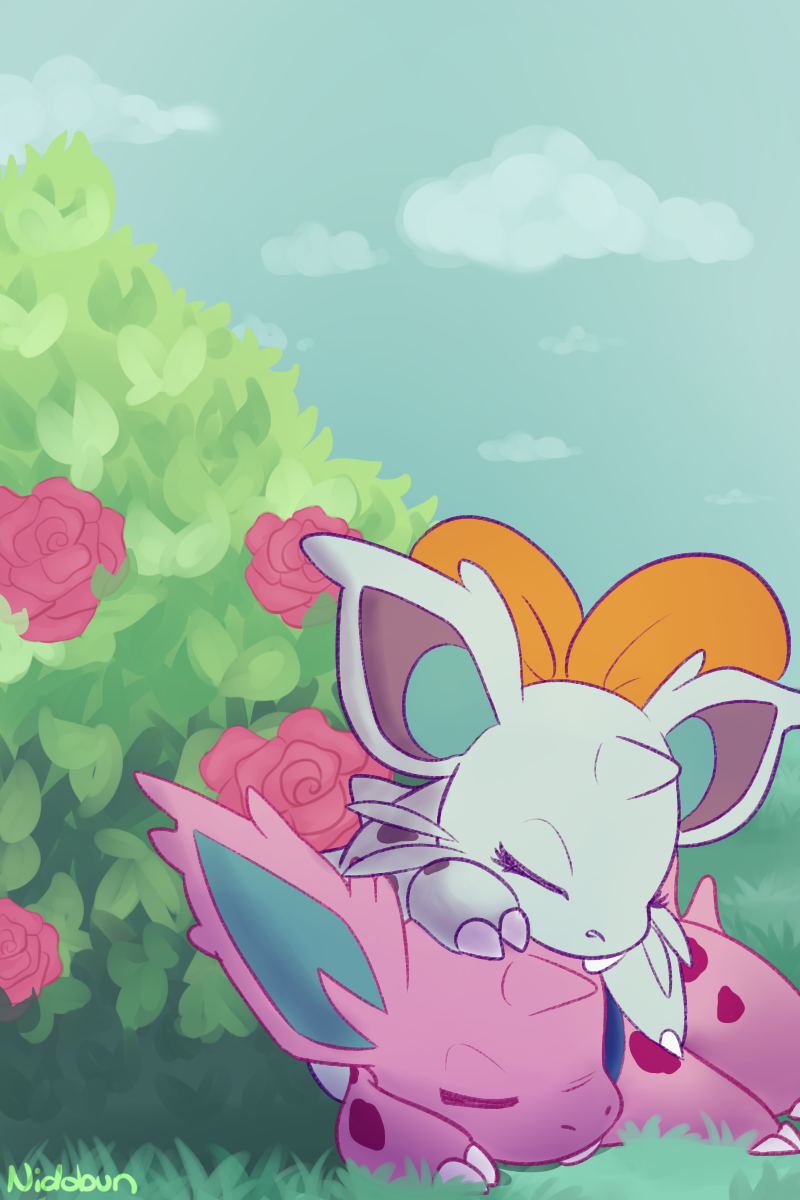 blue_sky bush claws closed_eyes cloud commentary creature day english_commentary eyelashes flower full_body gen_1_pokemon grass highres nidobun nidoran no_humans on_head outdoors pink_flower pink_rose pokemon pokemon_(creature) pokemon_on_head rose signature sky sleeping