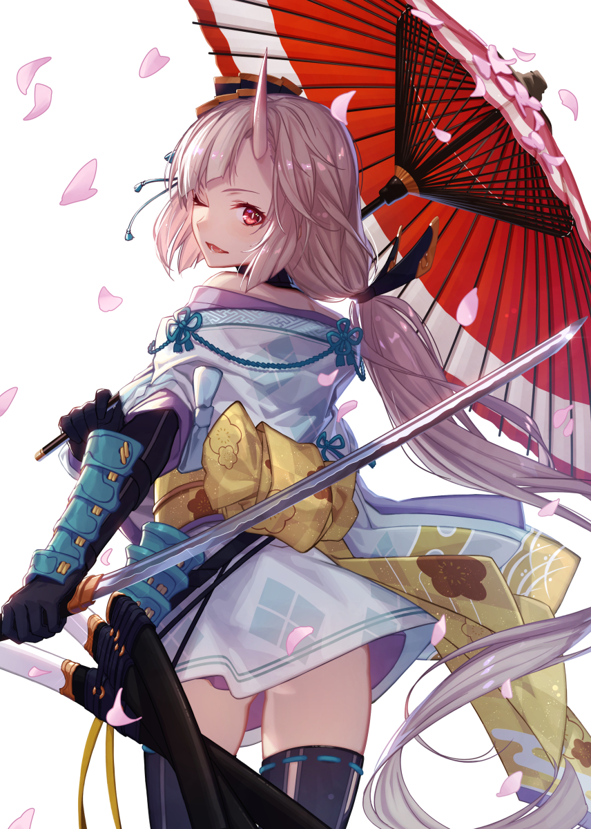 1girl ;d arm_guards bare_shoulders black_gloves black_legwear blue_kimono blue_ribbon commentary_request elbow_gloves fang faulds flower_knot gloves highres holding holding_sword holding_umbrella holding_weapon horn japanese_clothes kimono long_hair looking_at_viewer looking_back low_ponytail m-ya obi off_shoulder one_eye_closed oni_horn open_mouth oriental_umbrella original petals red_eyes reverse_grip ribbon ribbon-trimmed_legwear ribbon_trim sash sheath sheathed silver_hair simple_background smile solo sword tassel thighhighs umbrella vambraces very_long_hair weapon white_background