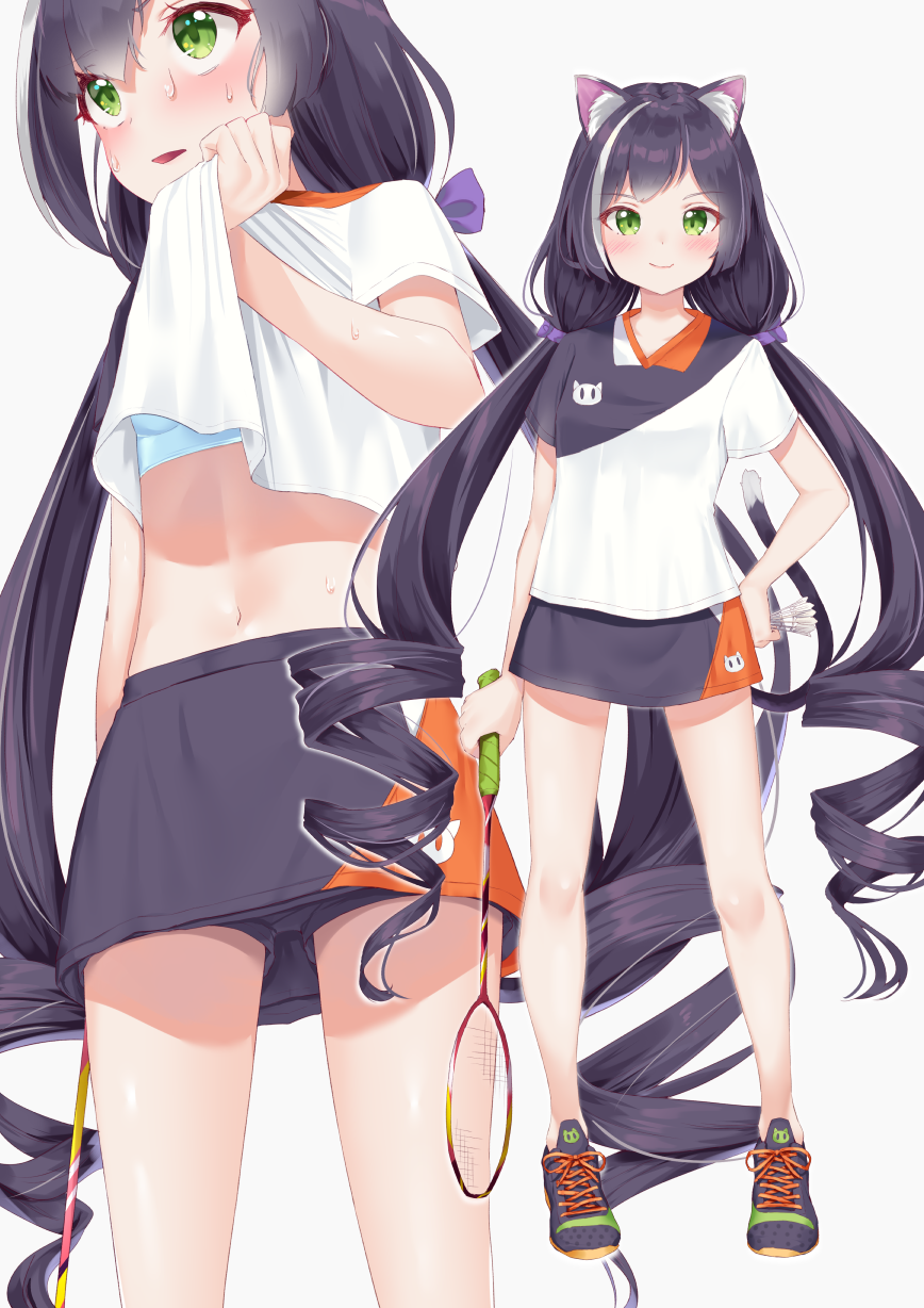 1girl animal_ear_fluff animal_ears animal_print badminton badminton_racket bangs black_footwear black_hair black_shorts black_skirt blue_bra blush bra breasts cat_ears cat_girl cat_print cat_tail closed_mouth commentary_request eyebrows_visible_through_hair green_eyes grey_background highres holding k_mugura kyaru_(princess_connect) long_hair looking_at_viewer looking_away low_twintails multicolored_hair navel parted_lips princess_connect! princess_connect!_re:dive racket shirt shoes short_shorts short_sleeves shorts shorts_under_skirt shuttlecock simple_background skirt small_breasts smile streaked_hair tail twintails underwear very_long_hair white_hair white_shirt wiping_sweat