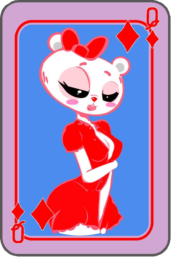 anthro big_breasts big_butt black_eyes blouse blush bottomwear bow breasts butt card cleavage clothed clothing dreams_(video_game) female frances_(dreams) fur looking_at_viewer mammal open_mouth red_nose smile solo standing teeth thick_thighs tongue topwear unknown_artist ursid video_games white_body white_fur wide_hips