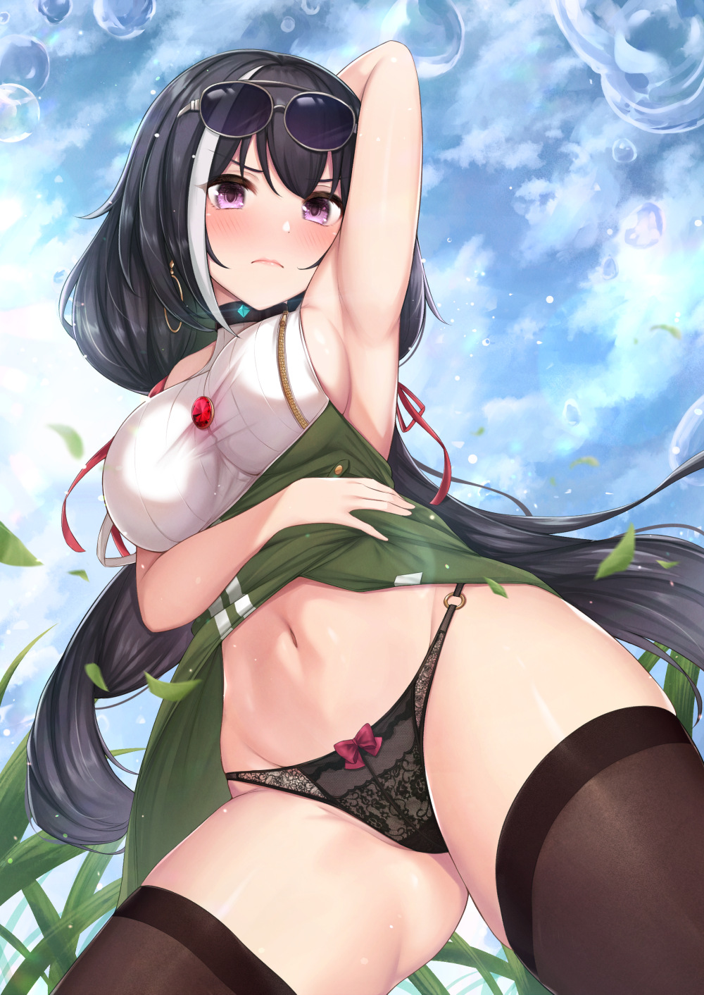 1girl armpits ass_visible_through_thighs bangs black_hair black_panties blue_sky blush bow bow_panties breasts brown_legwear choker cloud commentary_request cowboy_shot dress eyebrows_visible_through_hair eyewear_on_head fou_zi from_below gem grass highres kyaru_(princess_connect) lace lace-trimmed_panties large_breasts long_hair looking_at_viewer low_twintails multicolored_hair navel o-ring outdoors panties princess_connect! princess_connect!_re:dive purple_eyes revision sideboob skindentation sky sleeveless sleeveless_dress solo stomach streaked_hair sunglasses thighhighs twintails underwear white_hair zipper