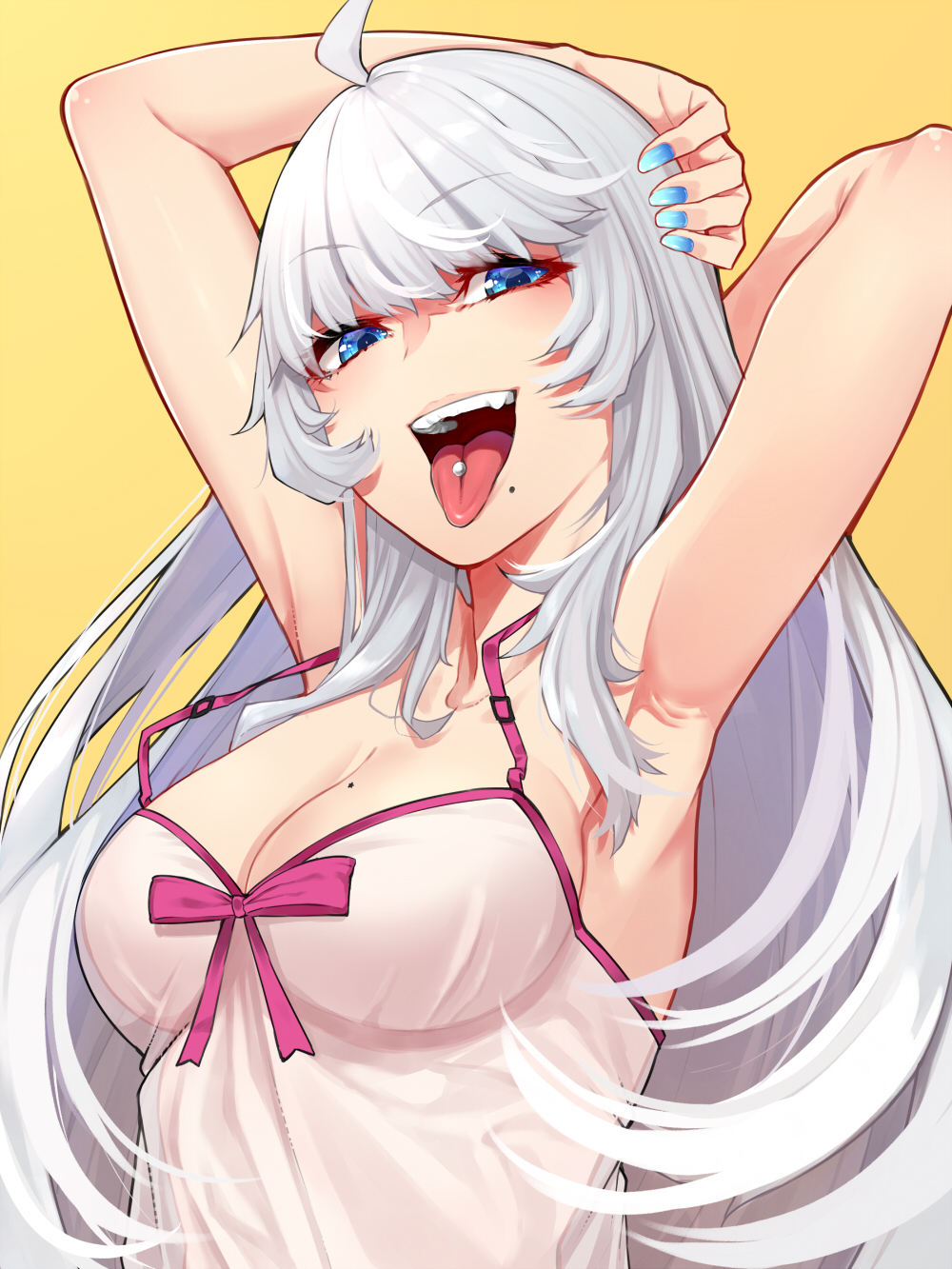 1girl ahoge armpits arms_behind_head arms_up bangs blue_eyes blue_nails breasts cleavage collarbone commentary_request cosplay eyebrows_visible_through_hair fingernails highres large_breasts long_hair mash_kyrielight mash_kyrielight_(cosplay) mikan_(chipstar182) mole mole_on_breast mole_under_eye mole_under_mouth nail_polish open_mouth original piercing pink_ribbon ribbon see-through silver_hair simple_background solo straight_hair swimsuit_of_perpetual_summer teeth tongue tongue_out tongue_piercing upper_body upper_teeth yellow_background