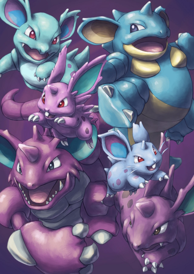 black_eyes claws creature gen_1_pokemon horn horns jumping looking_at_another mijinko_(barabadge) nidoking nidoqueen nidoran nidorina nidorino no_humans pokemon pokemon_(creature) purple_background red_eyes simple_background walking