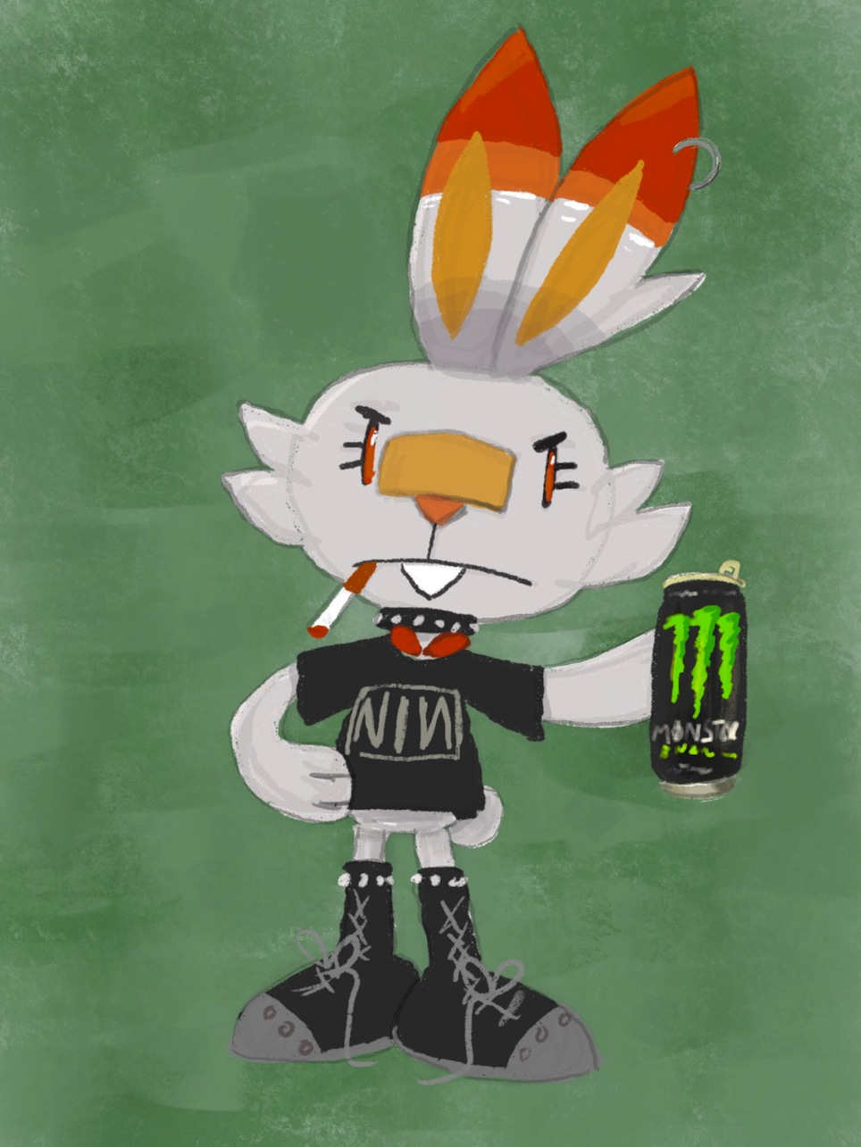 2019 accessory angry boots buckteeth cate_wurtz cigarette clothing collar dipstick_ears ear_piercing eyelashes feral footwear frown fur goth hi_res long_ears monster_energy multicolored_ears nine_inch_nails nintendo orange_body orange_eyes orange_fur piercing pok&eacute;mon pok&eacute;mon_(species) scorbunny shirt simple_background smoking spiked_collar spikes teeth topwear tuft video_games white_body white_fur