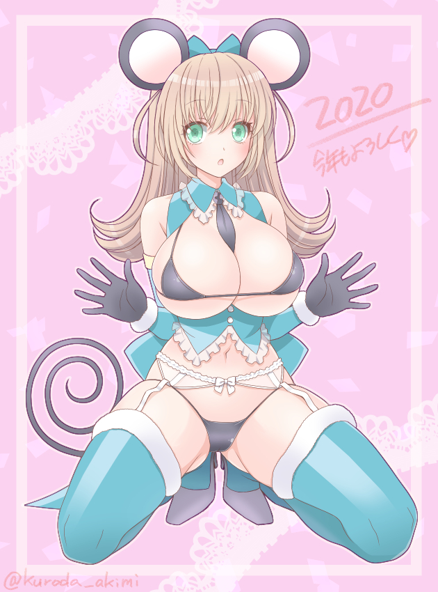 1girl animal_ears aqua_eyes between_breasts black_gloves black_neckwear blue_bow blue_legwear bow breasts brown_hair commentary_request dated detached_sleeves eyebrows_visible_through_hair garter_belt garter_straps gloves hair_bow high_heels kuroda_akimi long_hair mouse_ears mouse_tail necktie necktie_between_breasts new_year original pink_background squatting tail translation_request twitter_username