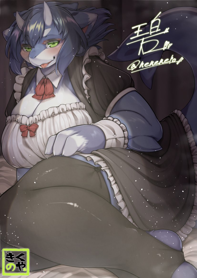 3_fingers anthro arm_fin bed bedroom_eyes big_breasts blue_body blue_fur blue_hair blush bodily_fluids bow_tie breasts cleavage clothed clothing dipstick_ears dragon dress eyelashes female fin fingers fully_clothed fur furniture furred_dragon garter_straps green_eyes hair hair_between_eyes horn kanji kemono kikunoya legwear looking_at_viewer maid_uniform multicolored_body multicolored_ears multicolored_fur narrowed_eyes on_bed saliva seductive shirt_cuffs sitting smile solo stockings tail_fin thick_thighs thigh_highs tongue tongue_out two_tone_body two_tone_fur uniform white_body white_fur