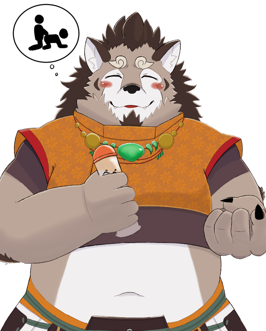 2020 anthro belly blush canid canine clothing cute_fangs eyes_closed humanoid_hands kemonosato male mammal navel overweight overweight_male shirt simple_background tamakore topwear yamato_(tamakore)