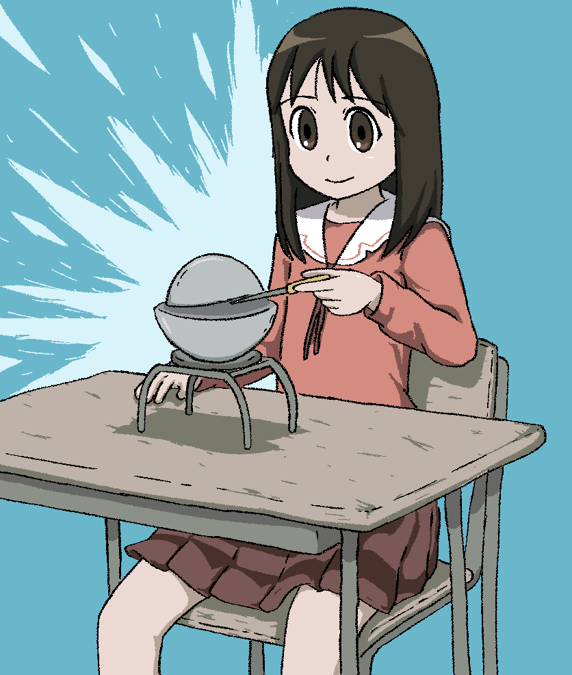 1girl azumanga_daiou beachepisode black_hair brown_eyes chair demon_core desk english_commentary holding_screwdriver kasuga_ayumu long_sleeves on_chair pleated_skirt sailor_collar school_desk school_uniform screwdriver sitting skirt solo