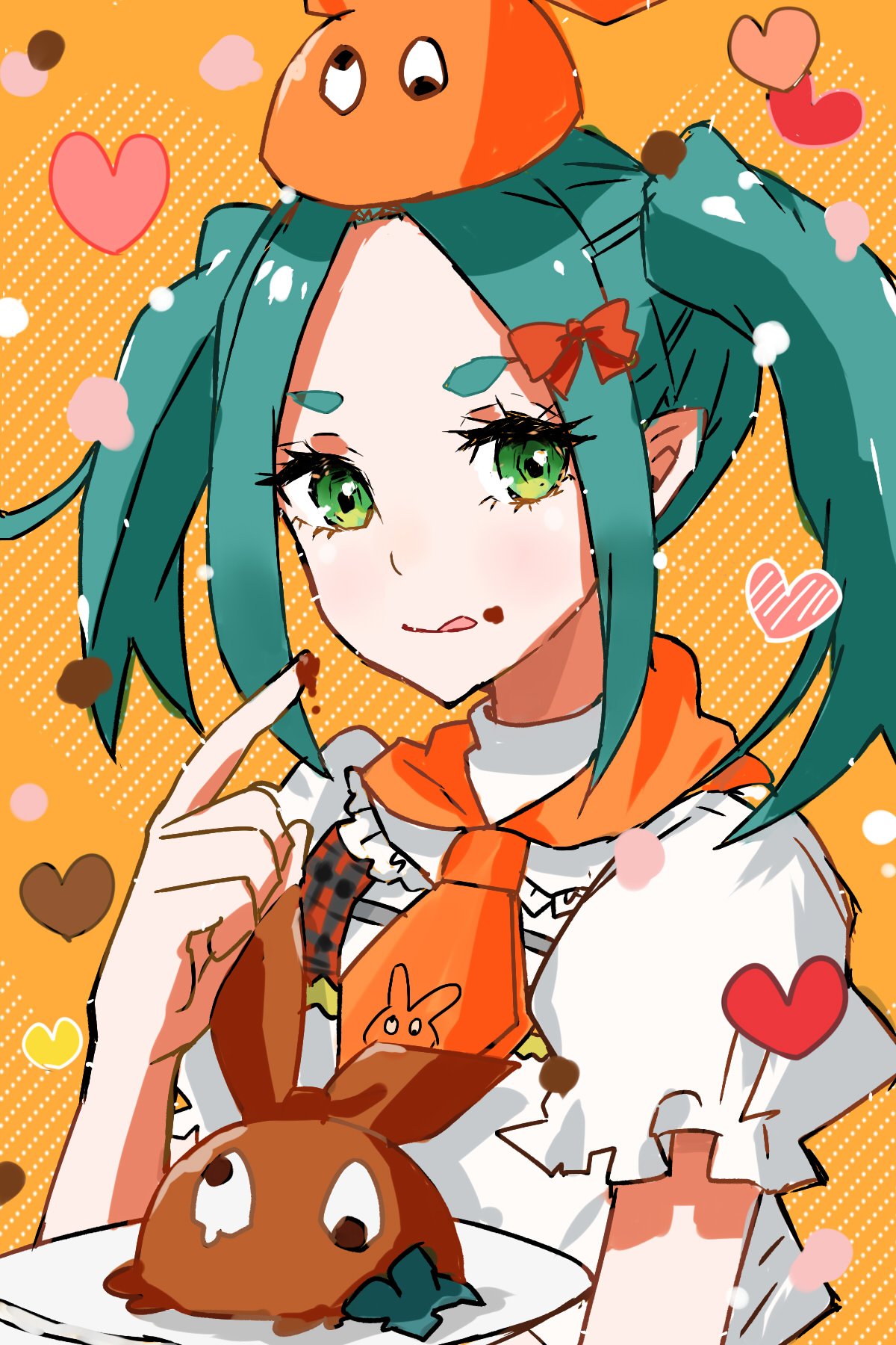 1girl :p apron aqua_hair bow chocolate commentary food food_on_face food_on_finger garnish googly_eyes green_eyes hair_bow hand_up hat heart highres light_smile looking_at_viewer monogatari_(series) neckerchief ononoki_yotsugi orange_background orange_neckwear plaid plate puffy_short_sleeves puffy_sleeves red_bow serving short_hair short_sleeves solo tongue tongue_out tray twintails valhalla0707