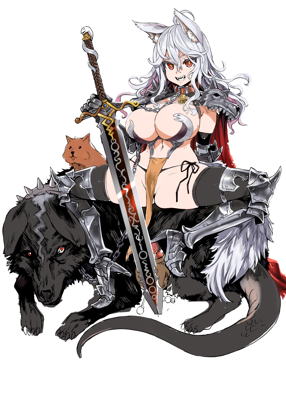 1girl ahoge animal animal_ear_fluff animal_ears arm_behind_back armor asanagi bell black_eyes black_legwear brown_collar candy cape chain collar dog fangs food fox_ears gauntlets greaves hair_between_eyes high_heels highres holding holding_sword holding_weapon lollipop long_hair navel open_mouth original pauldrons pink_lips pot red_cape red_eyes simple_background sitting_on_animal smile spiked_collar spikes spread_legs sword tail thighhighs tongue tongue_out torn_cape torn_clothes vambraces weapon white_background white_hair wolf_tail
