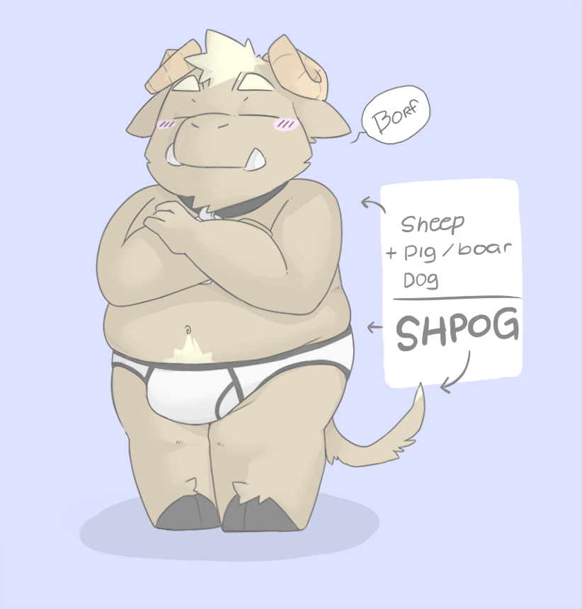 2012 anthro belly blush bovid bulge canid canine canis caprine clothing domestic_dog domestic_pig eyes_closed humanoid_hands hybrid male mammal navel overweight overweight_male pupperoo sheep simple_background solo suid suina sus_(pig) text underwear wild_boar