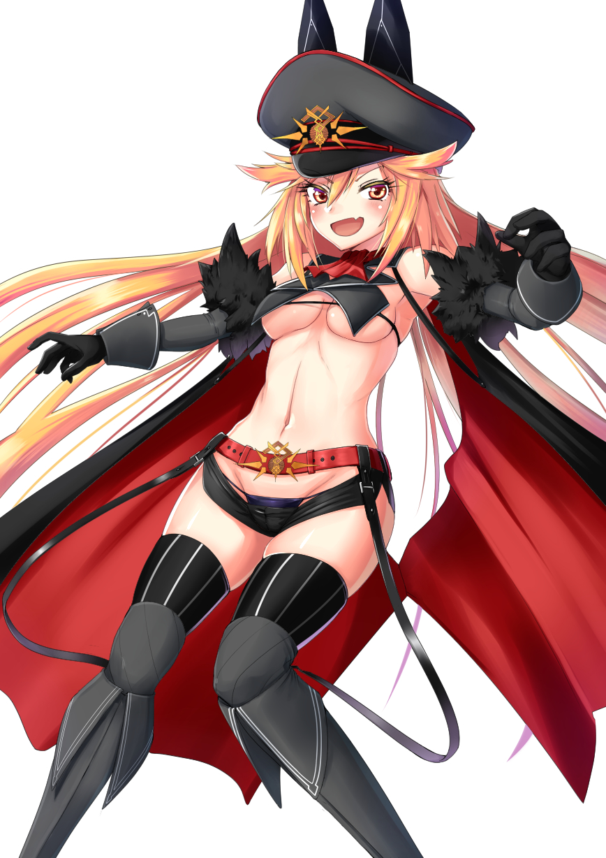 0625a 1girl :d armpits bare_shoulders belt black_gloves black_headwear black_legwear black_panties blonde_hair boots breast_curtains breasts cape detached_sleeves fang fur_trim gloves hair_between_eyes hair_flaps hat highres himitsu_kessha_schwarzschild long_hair looking_at_viewer medium_breasts micro_shorts navel no_bra open_mouth orange_eyes outstretched_arms panties peaked_cap red_neckwear revealing_clothes shorts simple_background skindentation sleeveless smile solo stomach striped striped_legwear thigh_boots thighhighs toudou_chloe underboob underwear v-shaped_eyebrows virtual_youtuber white_background