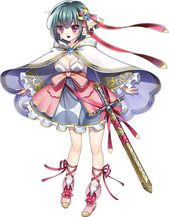 1girl :o bad_proportions bow breasts cape crescent crescent_hair_ornament hair_ornament hair_ribbon hitsuji_chronicle looking_at_viewer medium_breasts official_art pandora_(hitsuji_chronicle) pink_bow pink_ribbon purple_eyes ribbon sheath sheathed short_hair solo standing sword transparent_background weapon wide_sleeves