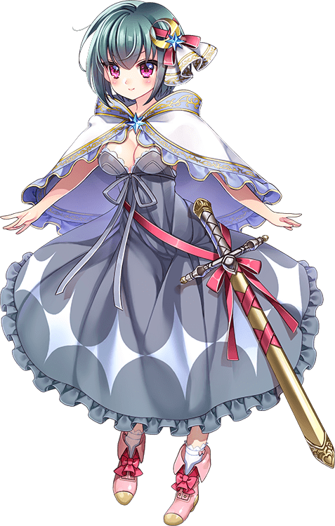 1girl :o bad_proportions blue_dress bow breasts cape capelet crescent crescent_hair_ornament dress hair_ornament hair_ribbon hitsuji_chronicle looking_at_viewer medium_breasts official_art pandora_(hitsuji_chronicle) pink_footwear purple_eyes ribbon sheath sheathed short_hair socks solo standing sword transparent_background weapon white_capelet wide_sleeves