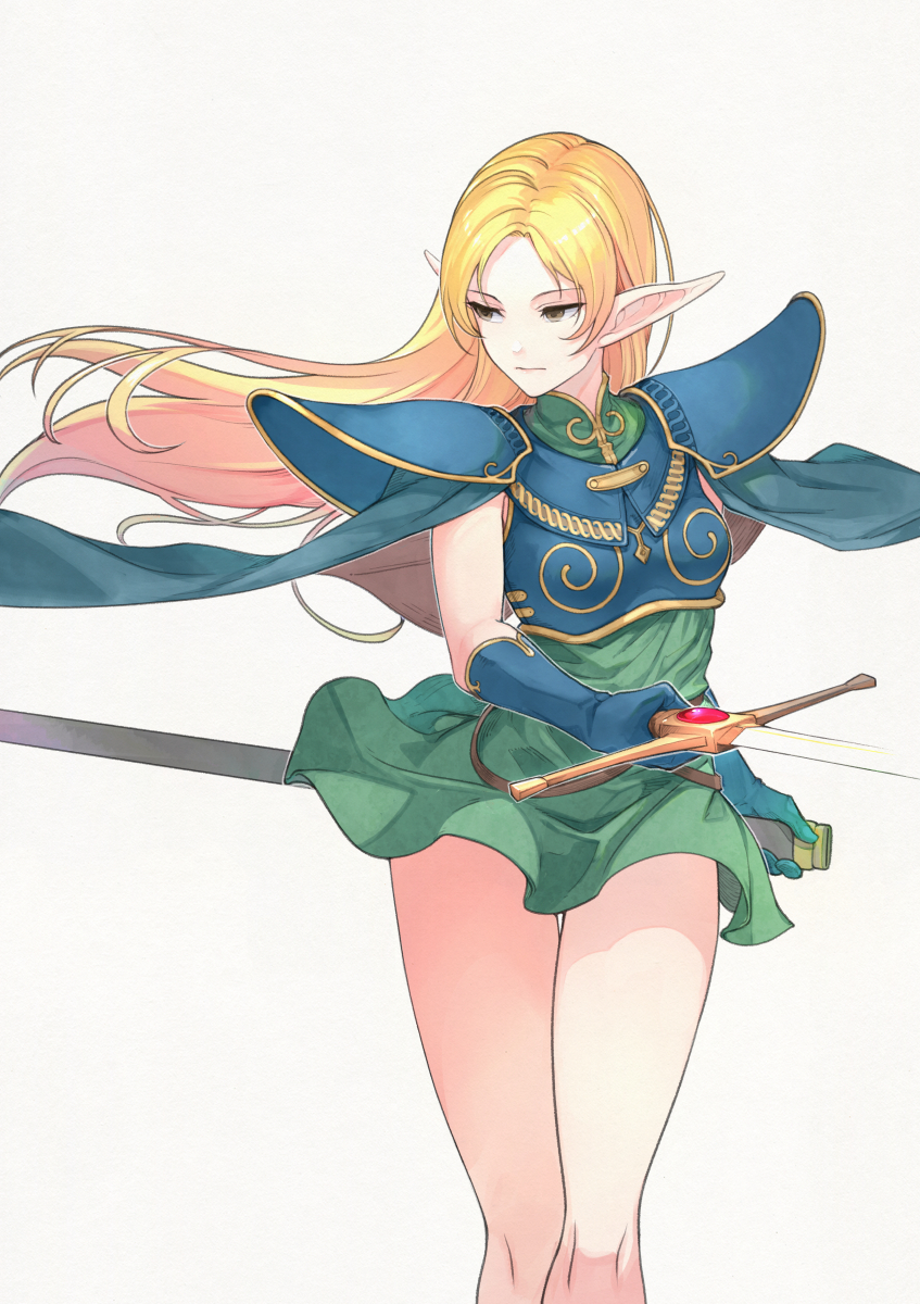 1girl armor bangs blonde_hair breasts cape circlet commentary_request deedlit dress elf frown gem green_eyes highres holding holding_sword holding_weapon long_hair looking_to_the_side pointy_ears record_of_lodoss_war simple_background solo sword weapon white_background yunar