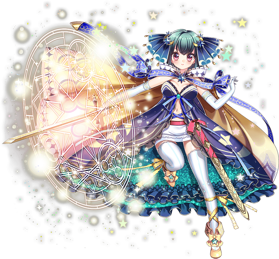 1girl blue_dress blue_ribbon cape crescent crescent_hair_ornament dress full_body green_hair hair_ornament hitsuji_chronicle holding holding_sword holding_weapon looking_at_viewer magic_circle navel official_art pandora_(hitsuji_chronicle) ribbon sheath short_hair smile solo standing standing_on_one_leg star sword thighhighs transparent_background weapon white_legwear yellow_cape