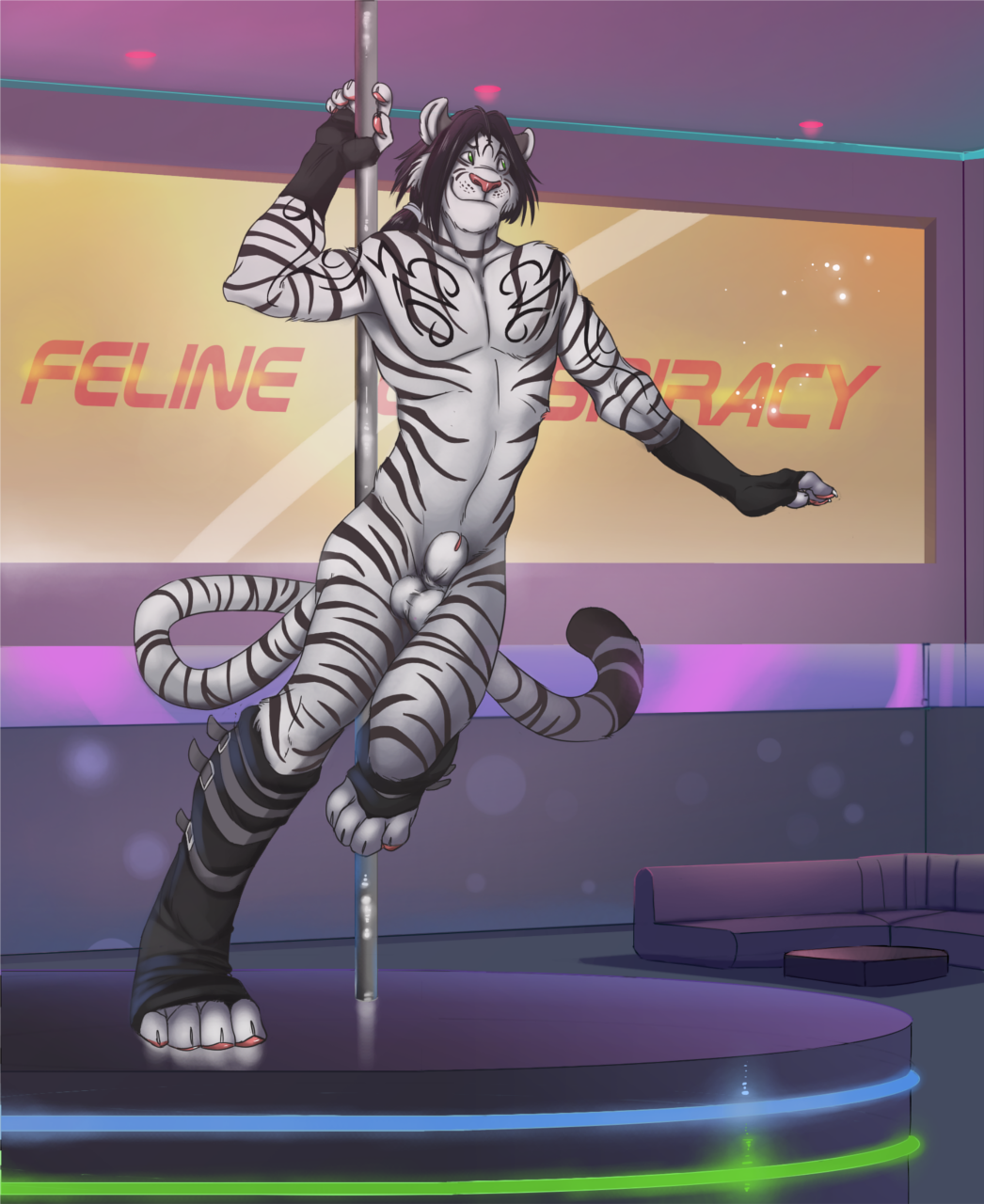 animal_genitalia anthro arcticlion balls clothed clothing dancing felid fur furniture genitals hi_res male mammal pantherine pole pole_dancing sheath sofa solo tau_switchblade tiger topless white_body white_fur