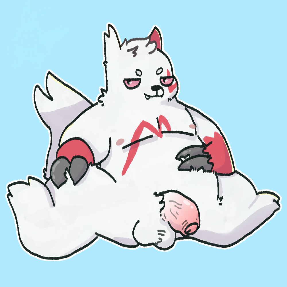 1:1 2020 balls belly claws cottongryph digital_drawing_(artwork) digital_media_(artwork) erection fur genitals humanoid_genitalia humanoid_penis male mammal moobs nintendo nipples nude overweight overweight_male penis pok&eacute;mon pok&eacute;mon_(species) simple_background smile solo teeth video_games white_body white_fur zangoose