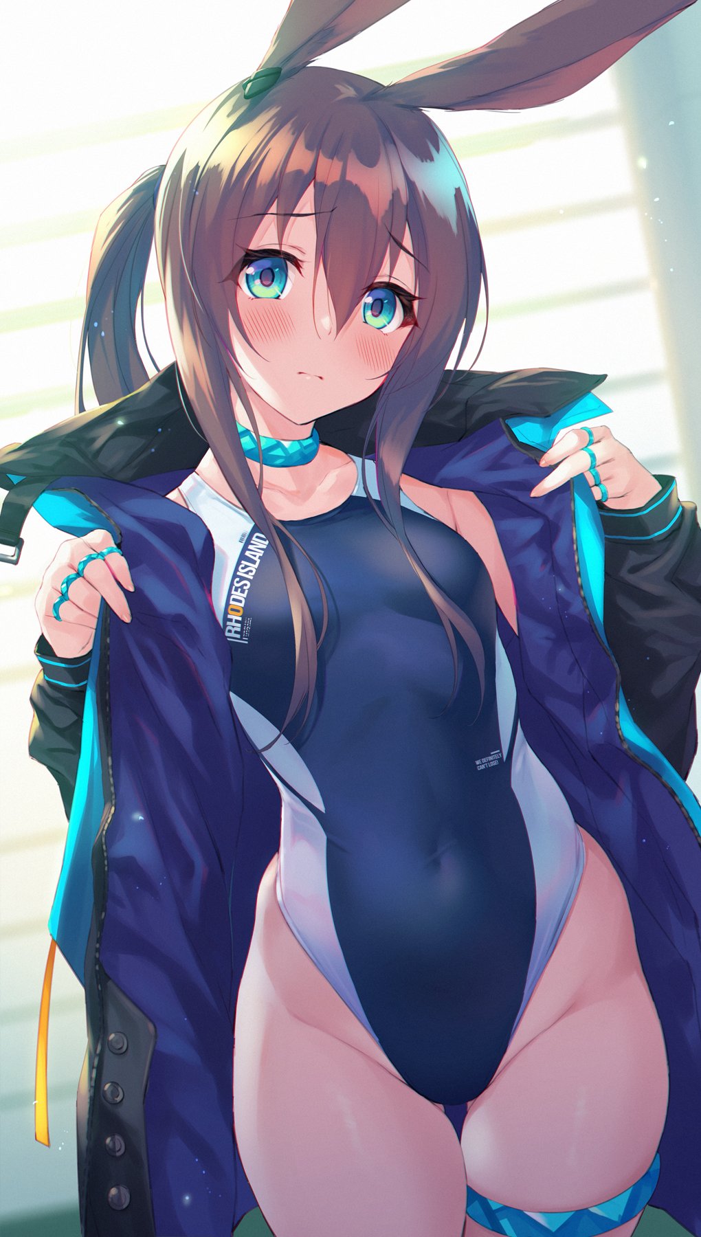 1girl amiya_(arknights) animal_ears arknights bangs black_jacket blue_eyes blue_swimsuit blush breasts brown_hair bunny_ears clothes_writing competition_swimsuit eyebrows_visible_through_hair fukai_ryousuke hair_between_eyes highleg highleg_swimsuit highres indoors jacket jewelry long_hair long_sleeves looking_at_viewer multiple_rings neck_ring one-piece_swimsuit open_clothes open_jacket ponytail ring sidelocks small_breasts solo swimsuit thigh_strap