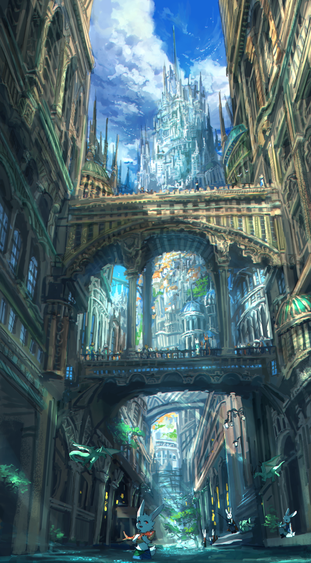 2016 amazing_background ambiguous_gender anthro arch bakawasima bottomwear castle city cityscape clothed clothing cloud crowd day detailed_background digital_media_(artwork) digital_painting_(artwork) dragon fantasy feral fish fishing flying fur green_body green_scales group hi_res holding_animal holding_object horn kemono lagomorph leporid light male mammal marine open_mouth outside partially_submerged rabbit red_eyes river scales scalie scenic_view shorts sitting sky standing street_lamp sunlight topless tower tree water white_body white_fur window wings