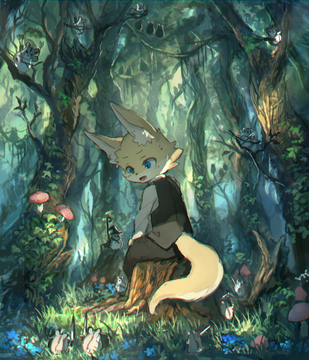 2016 ambiguous_gender anthro arrow bakawasima blue_eyes bodily_fluids bottomwear bow_(weapon) canid canine cheek_tuft clothed clothing cricetid crowd cub cute_fangs day detailed_background digital_media_(artwork) digital_painting_(artwork) facial_tuft feral flower forest fox fully_clothed fungus fur grass group hamster holding_object holding_staff holding_weapon inner_ear_fluff ivy_(plant) kemono larger_anthro looking_at_another magic_user male mammal melee_weapon moss multicolored_body multicolored_fur mushroom nature nude open_mouth outside pants plant ranged_weapon rodent shield shirt sitting size_difference smaller_feral staff sweat sweatdrop sword topwear tree tree_stump tuft two_tone_body two_tone_fur vest weapon white_body white_fur yellow_body yellow_fur young