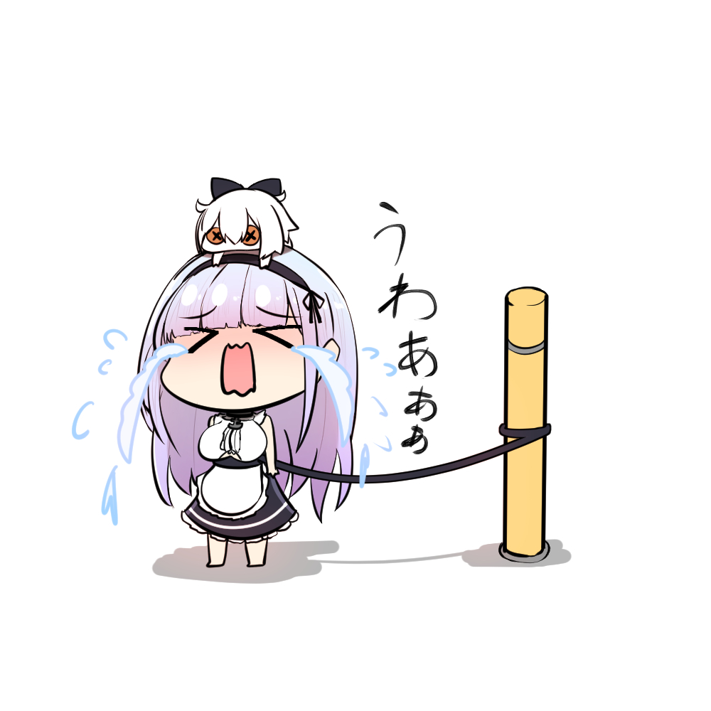 &gt;_&lt; 1girl akakiryu2m anchor_choker apron azur_lane bangs black_hairband black_skirt blunt_bangs bound breasts button_eyes center_frills chibi commentary_request crying dido_(azur_lane) doll doll_on_head eyebrows_visible_through_hair flying_sweatdrops frilled_apron frills full_body hairband large_breasts long_hair maid_apron open_mouth pole shadow shirt sidelocks silver_hair simple_background skirt sleeveless sleeveless_shirt solo_focus standing strap streaming_tears tears tied_up translation_request underboob underboob_cutout waist_apron white_apron white_background white_shirt