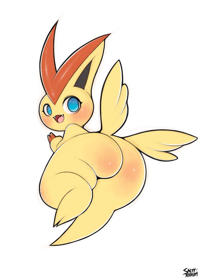 2019 2_toes anthro big_butt big_ears blue_eyes blush butt butt_wings cute_fangs digital_media_(artwork) eyelashes fangs female fur legendary_pok&eacute;mon looking_back mammal nintendo open_mouth pok&eacute;mon pok&eacute;mon_(species) saltyxodium simple_background smile solo thick_thighs toes tongue victini video_games white_background wide_hips wings