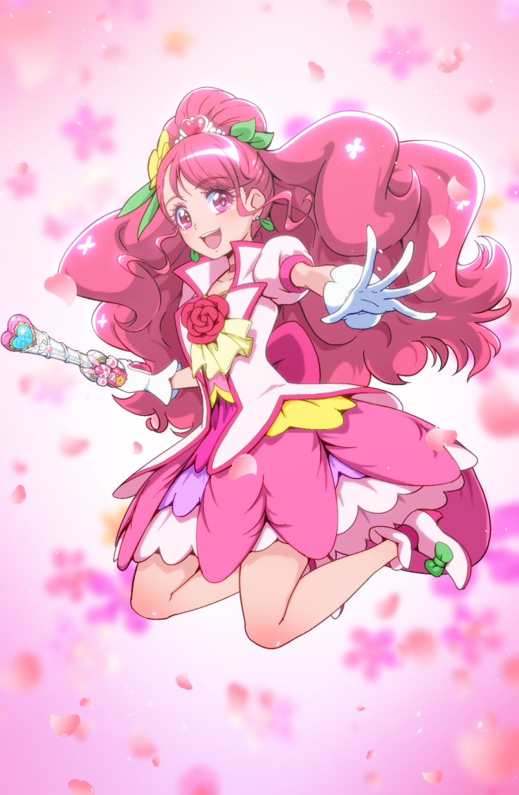 1girl :d commentary_request cure_grace eyebrows_visible_through_hair flower full_body gloves hanadera_nodoka healin'_good_precure heart jumping long_hair looking_at_viewer magical_girl open_mouth petals pink_eyes pink_hair precure red_flower red_rose rose smile solo tj-type1 white_gloves