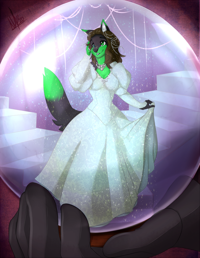 2020 anthro black_body black_fur black_hair canid canine clothed clothing digital_media_(artwork) dress eyebrows eyelashes female fox fur green_body green_eyes green_fur hair mammal smile solo wolflady