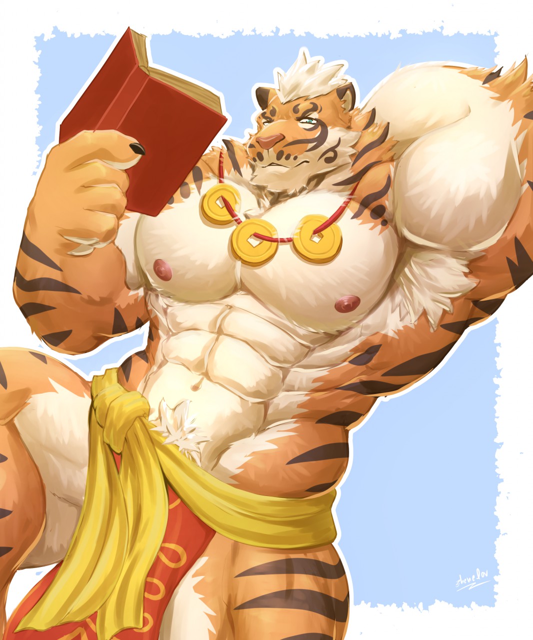 5_fingers abs biceps book clothed clothing felid fingers fur hair hand_behind_head hi_res holding_book holding_object lerchief2007 lin_hu male mammal multicolored_body multicolored_fur muscular muscular_male nekojishi nipples orange_body orange_fur pantherine pecs signature solo striped_body striped_fur stripes tiger topless two_tone_body two_tone_fur white_body white_fur white_hair