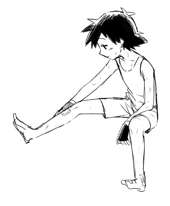 1boy bandaged_leg bandages bandaid black_hair bruise djmn_c holding_leg hurt injury lineart monochrome no_hat no_headwear pokemon pokemon_(anime) satoshi_(pokemon) shorts simple_background sleeveless solo spiked_hair white_background