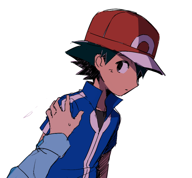 2boys baseball_cap black_hair black_undershirt blue_jacket blue_jumpsuit citron_(pokemon) djmn_c hand_on_another's_shoulder hat jacket looking_at_another multiple_boys pokemon pokemon_(anime) pokemon_xy_(anime) red_headwear satoshi_(pokemon) simple_background solo_focus spiked_hair white_background