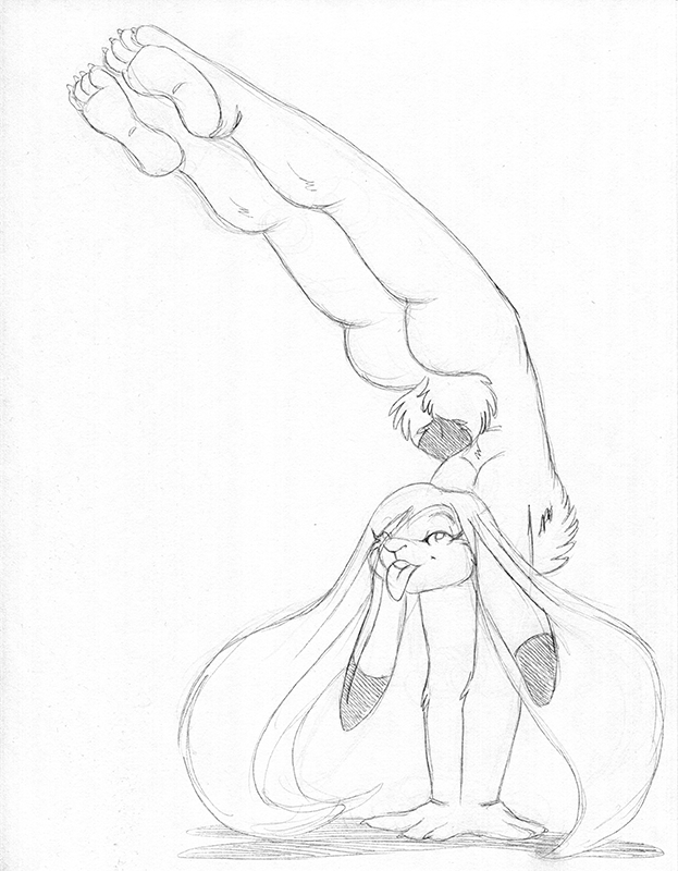 black_and_white buckteeth butt chest_tuft dipstick_ears dipstick_tail discobunny eyelashes floppy_ears fur graphite_(artwork) hair half-closed_eyes handstand lagomorph leporid long_hair looking_at_viewer lop_ears male mammal monochrome multicolored_ears multicolored_tail narrowed_eyes nude pencil_(artwork) rabbit td_coltraine teeth tongue traditional_media_(artwork) tuft white_body white_fur wolfkidd