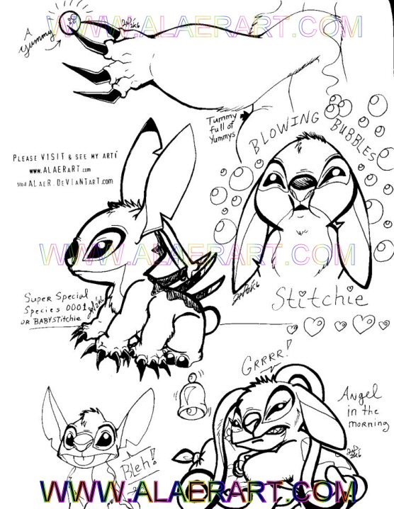 &lt;3 2006 4_fingers alaer alien angel_(lilo_and_stitch) antennae_(anatomy) back_markings back_spines bell bubble claws disney distracting_watermark ears_down english_text experiment_(lilo_and_stitch) extremely_distracting_watermark fan_character fingers fur grumpy head_markings head_tuft lilo_and_stitch looking_at_viewer markings notched_ear occipital_markings pillow pivoted_ears smile stitch_(lilo_and_stitch) text tongue tongue_out tuft url watermark
