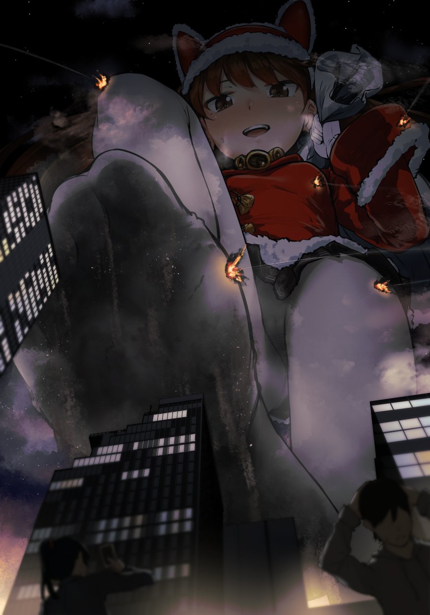 1girl bell black_skirt brown_eyes brown_hair building city from_below fur-trimmed_headwear fur_trim giantess hat highres holding holding_sack kantai_collection long_hair long_sleeves night open_mouth pantyhose pleated_skirt rakia_(ds00309) red_headwear red_shirt ryuujou_(kantai_collection) sack santa_costume santa_hat shirt skirt smile white_legwear