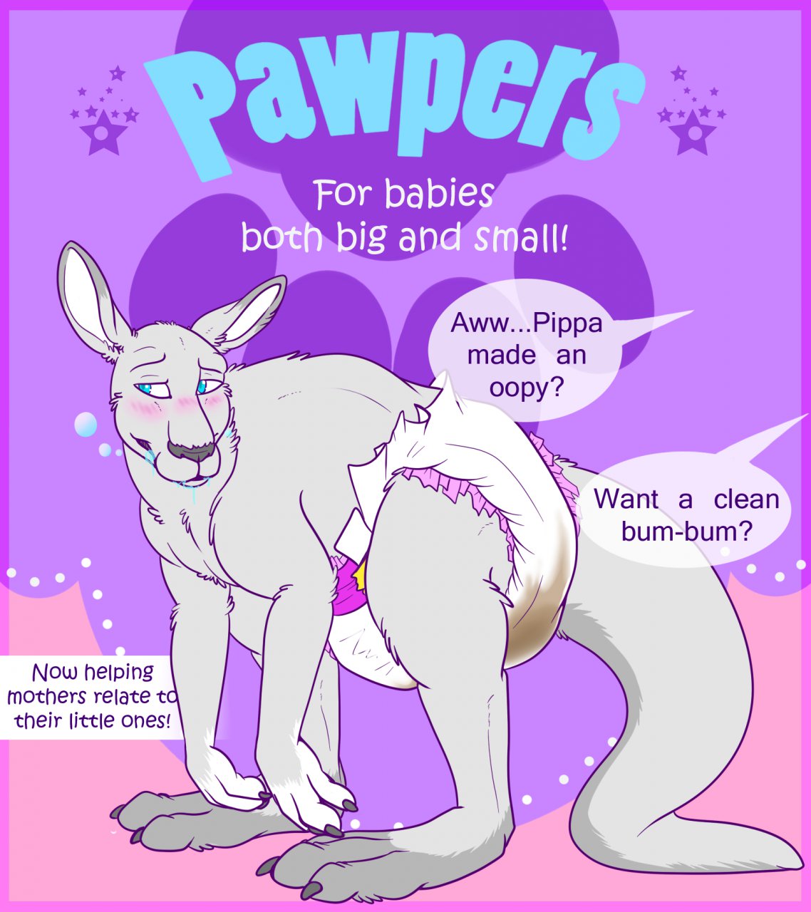 barefoot biped blush carnival-tricks claws clothed clothing dialogue diaper dipstick_ears english_text feces feral hi_res kangaroo macropod mammal marsupial messy_diaper multicolored_ears scat soiling solo speech_bubble text toe_claws topless