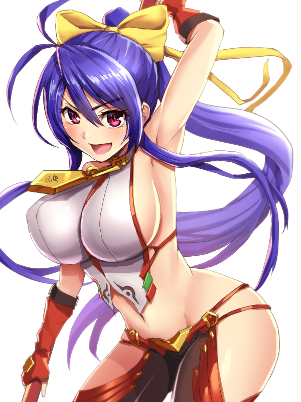 1girl bangs behind_back between_breasts blazblue blazblue_remix_heart blue_hair bow breasts commentary cowboy_shot eyebrows_visible_through_hair fingerless_gloves gloves hair_bow holding holding_staff large_breasts long_hair looking_at_viewer lowleg lowleg_pants mai_natsume masa_tarou medallion navel object_behind_back open_mouth pants ponytail purple_eyes red_gloves revealing_clothes side_cutout sidelocks simple_background smile solo staff standing swept_bangs very_long_hair white_background yellow_bow