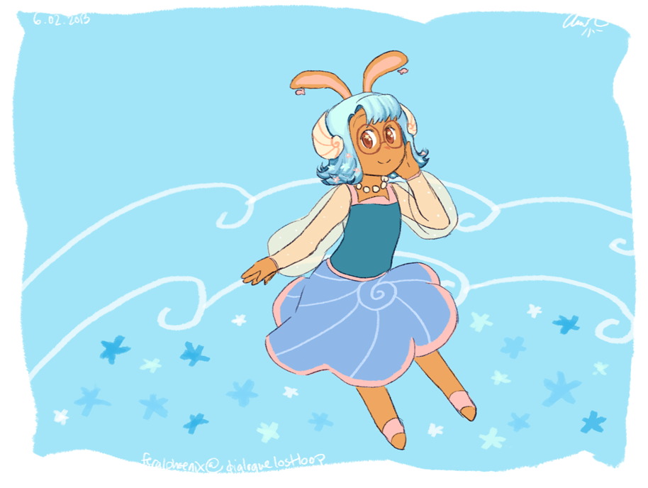 1girl animal_ears blue_dress blue_hair brown_fur bunny bunny_ears bunny_girl cucumber_quest doodle dress feral_phoenix fish_earrings glasses jewelry nautilus_shell necklace ocean_waves pearl_necklace pink_sandals pink_sleeves pointy_ears princess_nautilus star