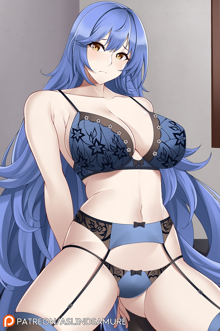 1girl arms_behind_back aslindsamure bangs banned_artist bare_shoulders black_legwear blue_bra blue_hair blue_panties blush bra breasts cleavage closed_mouth collarbone garter_belt girls_frontline highres kneeling large_breasts long_hair looking_at_viewer navel panties solo spread_legs tar-21_(girls_frontline) thighhighs thighs underwear unmoving_pattern very_long_hair watermark yellow_eyes