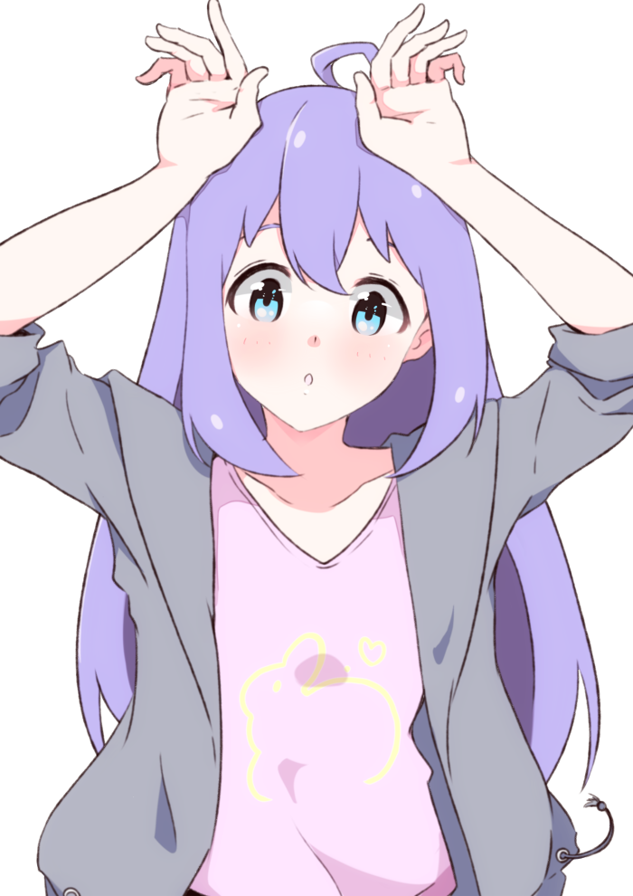 1girl ahoge arms_up bangs blue_eyes blush collarbone enelis eyebrows_behind_hair grey_jacket hair_between_eyes idolmaster idolmaster_million_live! jacket long_hair looking_at_viewer mochizuki_anna open_clothes open_jacket parted_lips pink_shirt purple_hair shirt sidelocks simple_background solo very_long_hair white_background