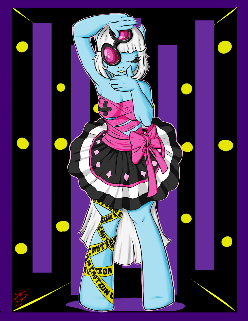 anthro breasts caution_tape cleavage clothed clothing dress equid equine eyes_closed eyewear female friendship_is_magic glasses hair horse lady_gaga mammal my_little_pony pasties photo_finish_(mlp) pony pose sean_blackthorne white_hair