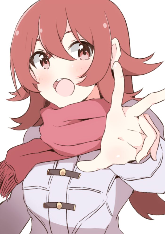 1girl bangs blush brown_eyes brown_hair enelis eyebrows_behind_hair fringe_trim grey_jacket hair_between_eyes idolmaster idolmaster_shiny_colors jacket komiya_kaho long_hair long_sleeves looking_at_viewer open_mouth red_scarf scarf simple_background solo upper_body upper_teeth white_background