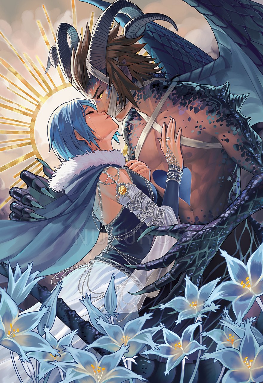 1boy 1girl aqua_(kingdom_hearts) blue_hair brown_hair claws closed_eyes demon_boy demon_horns demon_wings dress flower gagged hand_on_another's_chest highres horns imminent_kiss kingdom_hearts looking_at_another nijuuni parted_lips tears terra_(kingdom_hearts) wings yellow_eyes