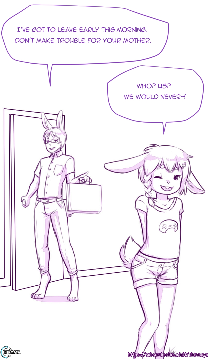 aogami aria_(aogami) bottomwear briefcase chirmaya clothing cub daughter dialogue door duo english_text father female hair hi_res lagomorph leporid male mammal parent rabbit shirt shorts teenager text topwear young