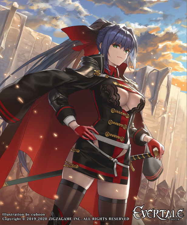 1girl bangs battlefield black_dress blue_hair blue_sky breasts cape cleavage_cutout closed_mouth cloud commentary_request cuboon dress evertale gloves green_eyes hair_between_eyes hair_intakes hand_on_hip high_ponytail holding holding_sword holding_weapon jacket_on_shoulders knight large_breasts long_hair looking_at_viewer looking_to_the_side military military_uniform miniskirt official_art red_gloves red_ribbon ribbon sheath sheathed side_slit skirt sky standing sword thighhighs thighs uniform very_long_hair wall weapon