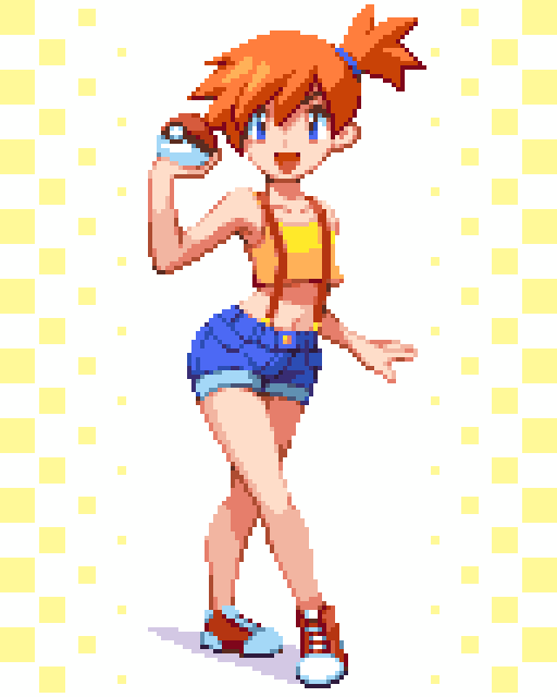 1girl :d breasts denim denim_shorts full_body holding holding_poke_ball kasumi_(pokemon) looking_at_viewer midriff open_mouth orange_hair pixel_art pixelflag poke_ball poke_ball_(generic) pokemon pokemon_(anime) pokemon_(classic_anime) shirt shoes short_hair shorts side_ponytail sleeveless sleeveless_shirt small_breasts smile sneakers standing suspenders yellow_shirt