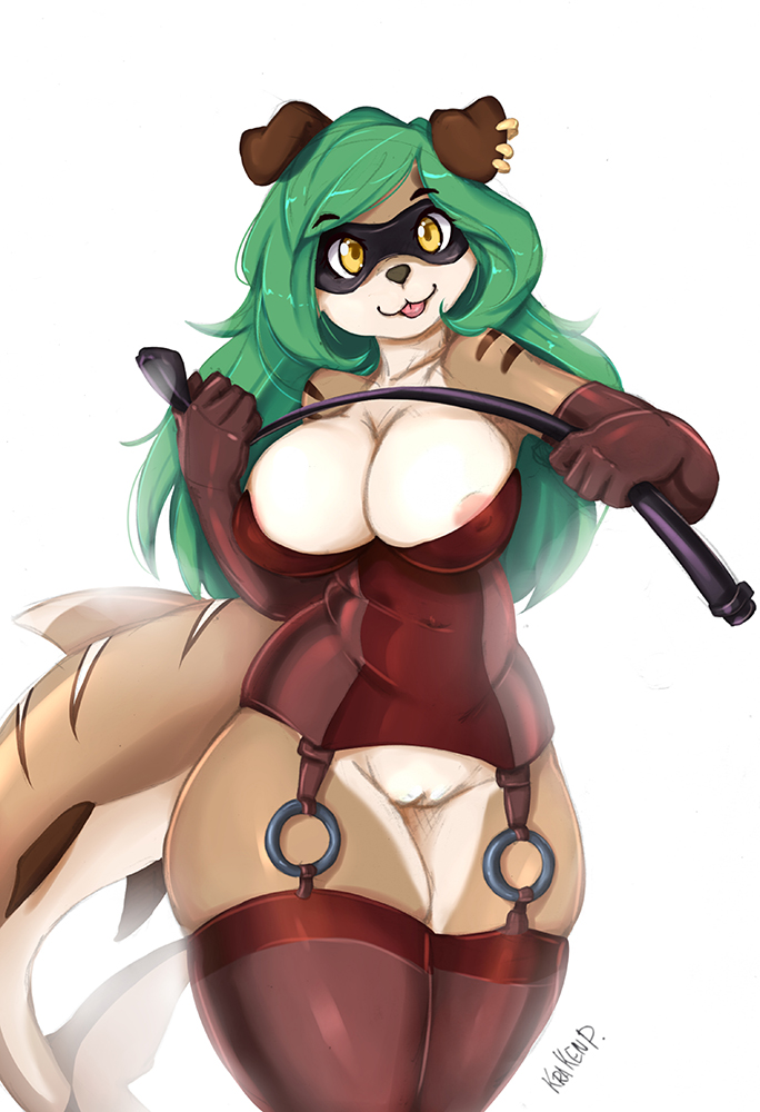 2017 :3 areola big_breasts breasts canid canine canis cleavage clothed clothing domestic_dog dominatrix ear_piercing ear_ring english_text eyebrows female fish fur garter_belt garter_straps gloves green_hair hair handwear happy hybrid krakenparty long_hair looking_at_viewer mammal marine mask navel nipples piercing shark signature simple_background solo striped_body striped_fur stripes text tongue tongue_out traditional_media_(artwork) whip white_background wide_hips yellow_eyes