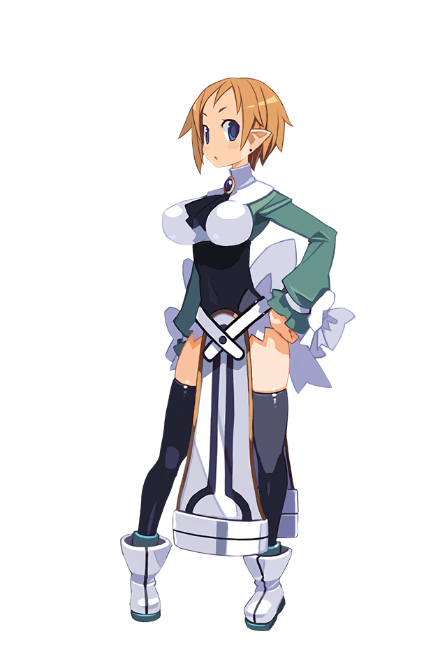 1girl :o ascot black_legwear blue_eyes boots breasts brooch disgaea disgaea_rpg earrings full_body hand_on_hip jewelry large_breasts light_brown_hair long_sleeves looking_at_viewer magic_knight_(disgaea) official_art pelvic_curtain pointy_ears short_hair solo standing stud_earrings thighhighs transparent_background turtleneck white_footwear