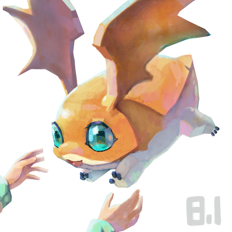 1:1 3_fingers 5_fingers ambiguous_gender blue_eyes bo9 digimon digimon_(species) feral fingers human mammal membrane_(anatomy) membranous_wings open_mouth orange_body patamon simple_background small_tail takeru_takaishi tongue unseen_character white_background wings